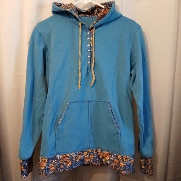 Hawaiian Floral Henley Hoodie Sweatshirt women S Blue Gold contrast Pullover - Picture 1 of 7